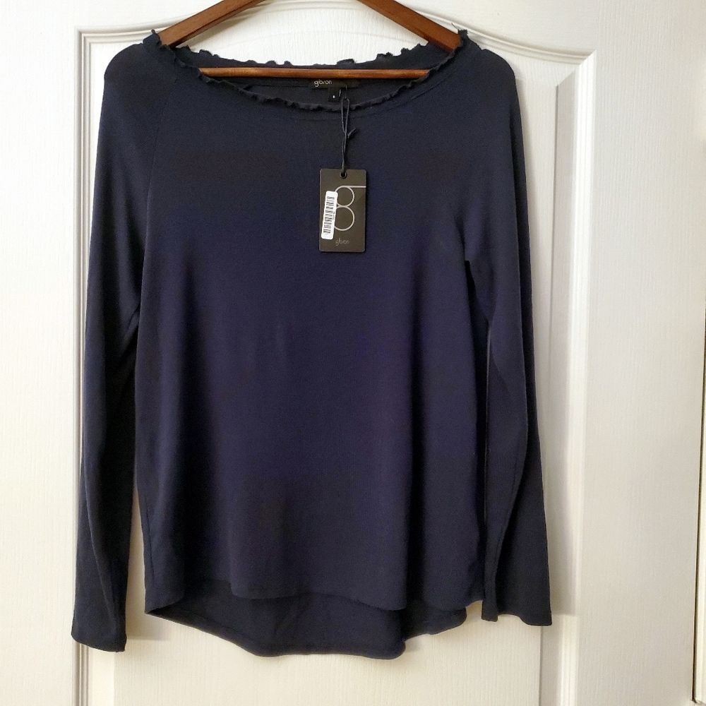 Gibson Navy Blue lightweight long sleeve shirt with ruffled neckline S NWT